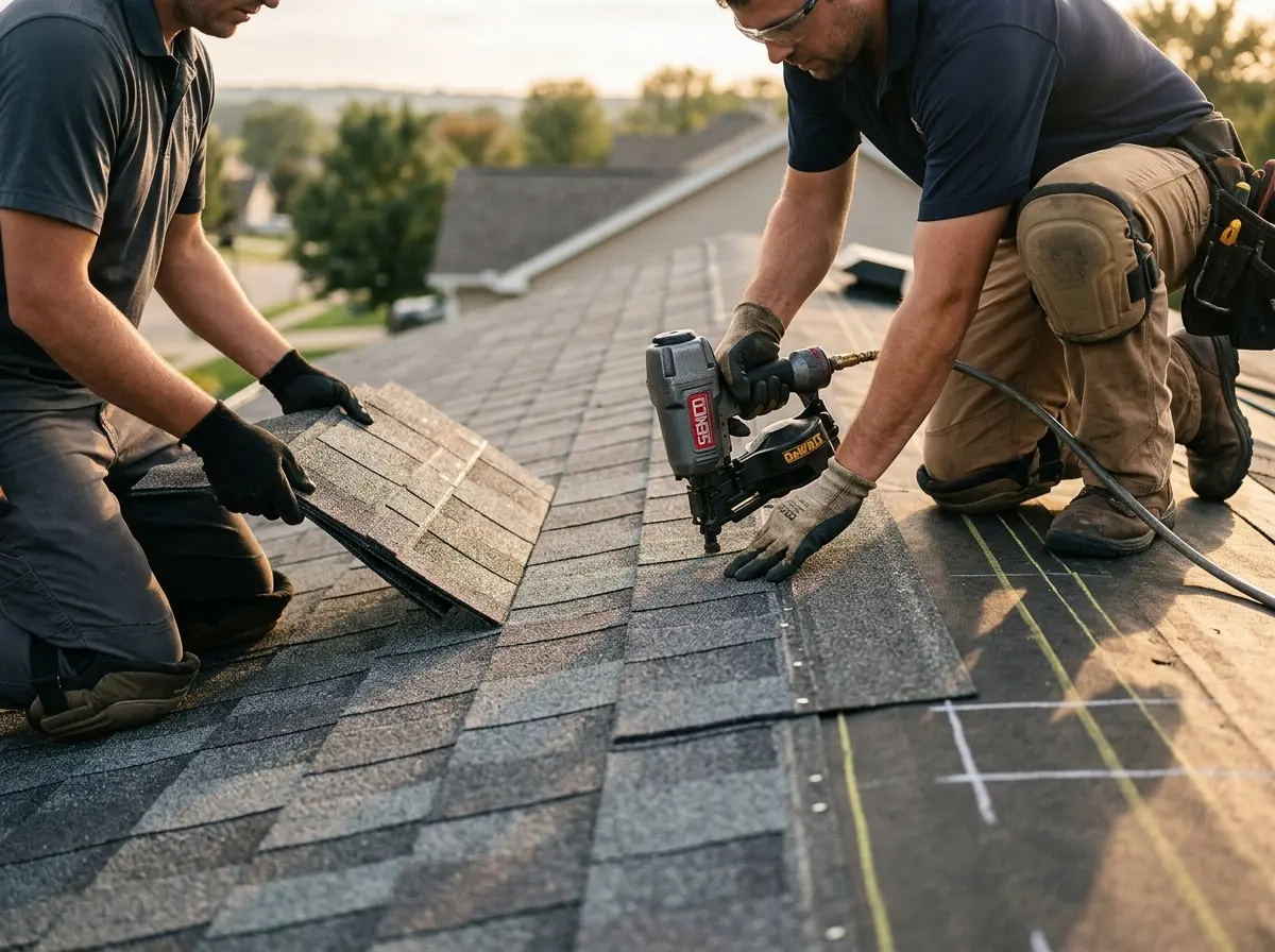 Professional roofer working on a residential roof in Cuyahoga Falls